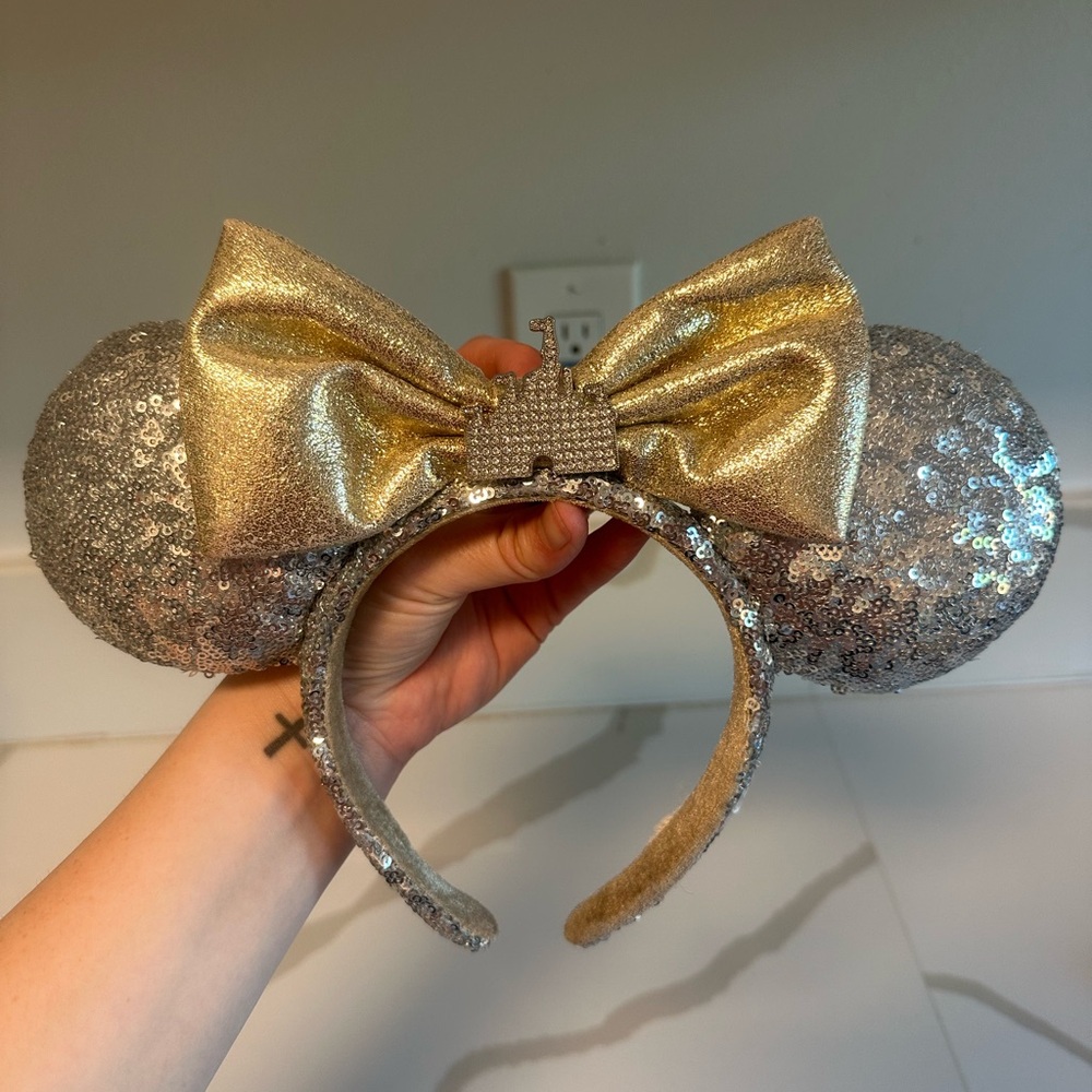 Disney Silver Sequin Ears with Gold Bow and Castle Charm